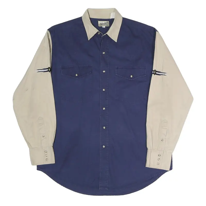 Express Rider Mens Beige & Blue Western Shirt L Cotton Blend Casual Button-Up 1