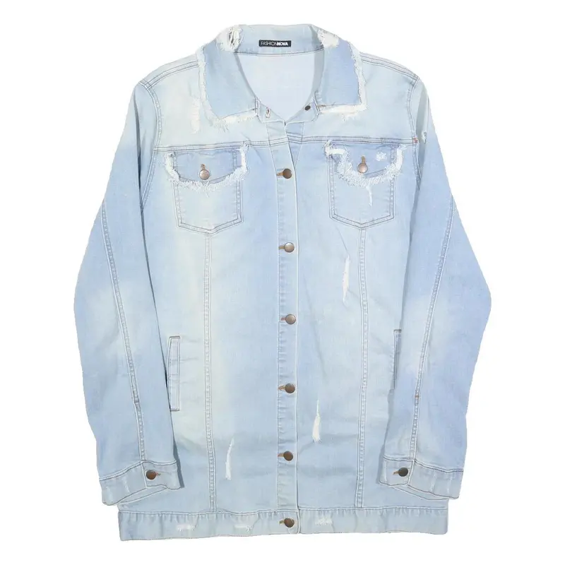 Fashion Nova Womens Blue Denim Jacket Xl Cotton Distressed Button Fastening Long 1