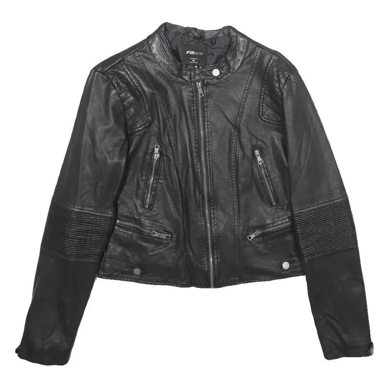Fb Sister Womens Black Faux Leather Biker Jacket M Woven Zipped Pockets 1