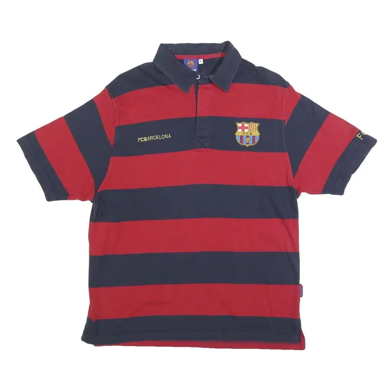 Fc Barcelona Mens Red & Navy Striped Short Sleeve Polo Shirt L Football Fanwear 1