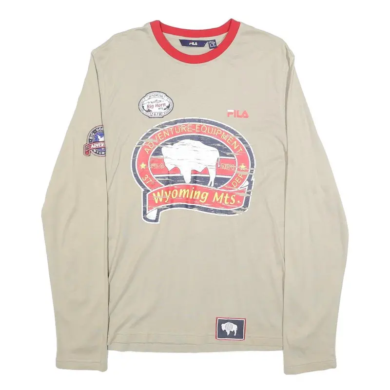 Fila Mens Beige & Red Graphic Long Sleeve Crew Neck T-Shirt S Cotton Blend 1