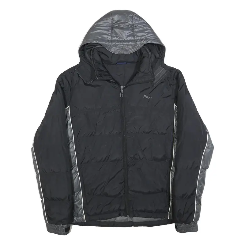 Fila Mens Black & Grey Puffer Jacket Xl Polyester Zip Hooded Plain Sportswear 1