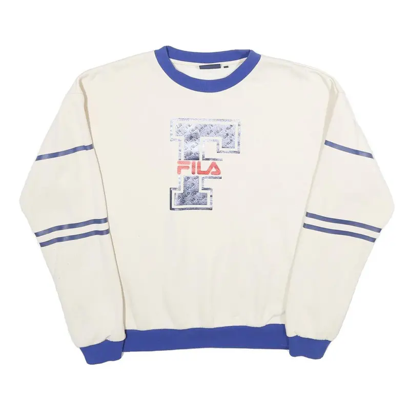 Fila Mens Cream & Blue Logo Crew Neck L Retro Sports Sweatshirt 1