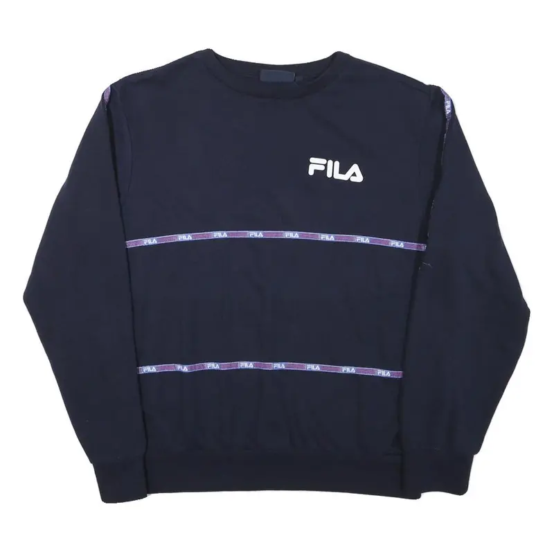 Fila Mens Navy Blue Sweatshirt M Crew Neck Cotton Blend Pullover Logo Tape 1