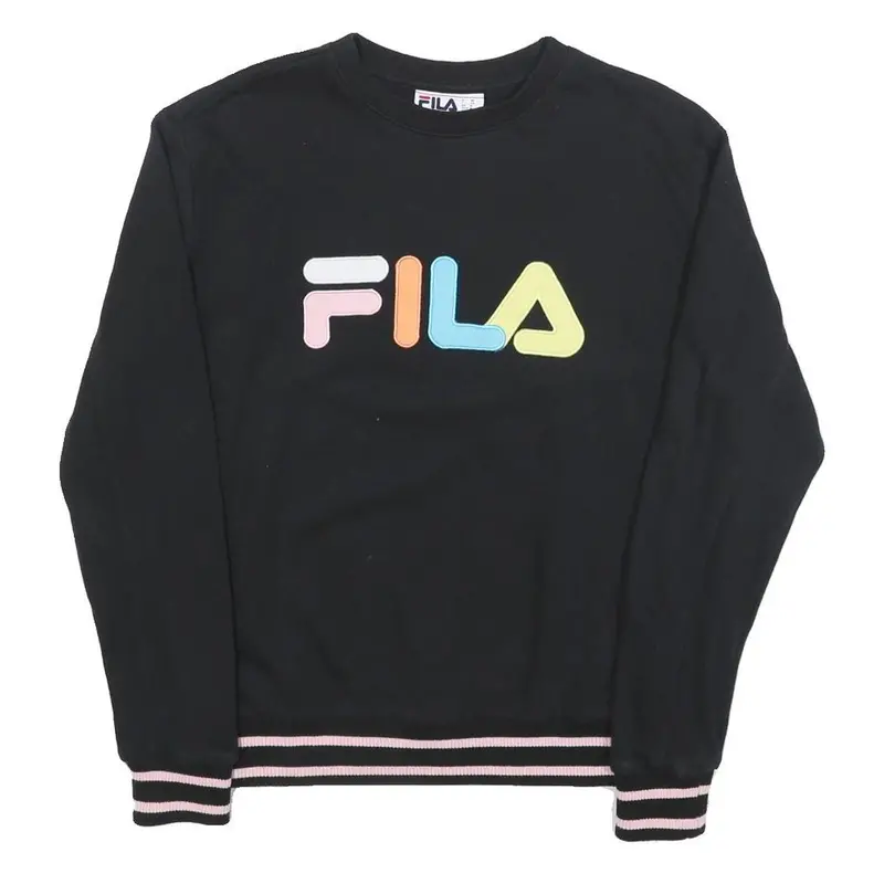 Fila Womens Black Cotton Blend Sweatshirt M Crew Neck Colourful Logo Casual 1