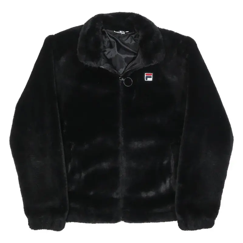 Fila Womens Black Faux Fur Jacket M Polyester Blend Zip Logo Casual 1