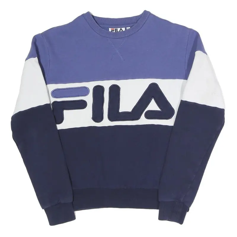 Fila Womens Blue & White Logo Crew Neck Uk 6 Cotton Blend Sweatshirt Pullover 1