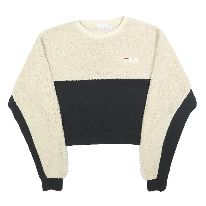 Fila Womens Cream & Black Crew Neck S Sherpa Fleece Sweatshirt Crop Top 1