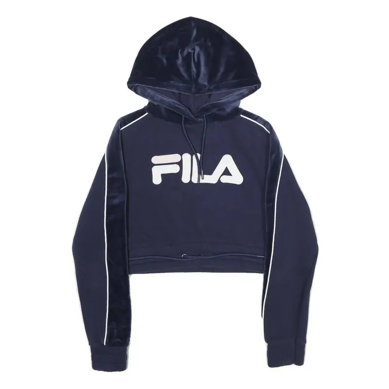 Fila Womens Navy Blue Velvet Panel Pullover Hoodie Xxs Cropped Sweatshirt 1