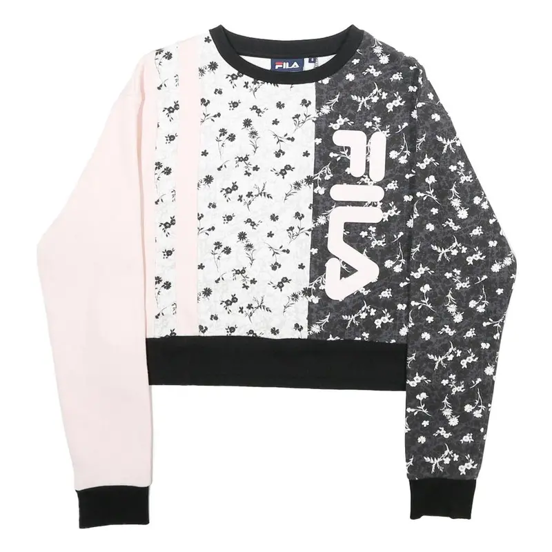 Fila Womens Pink & Black Floral Logo Crew Neck S Sweatshirt Pullover Crop Top 1