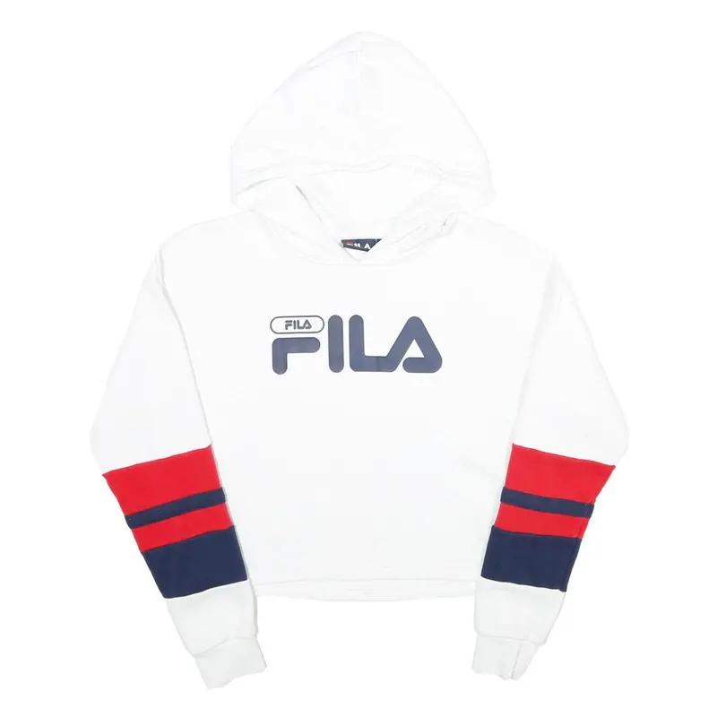 Fila Womens White Red & Navy Logo Hooded Pullover S Crop Hoodie 1