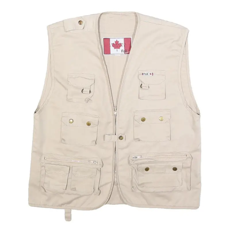 Fox Mens Beige Cotton Blend Jacket Xl Multi Pocket Zip Front Casual Utility Vest 1