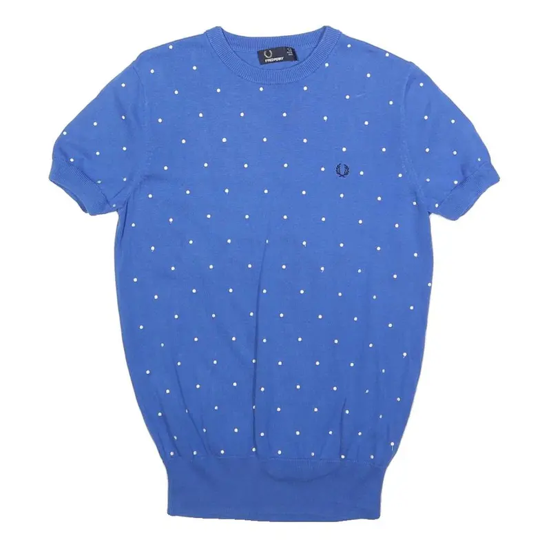 Fred Perry Womens Blue Polka Dot Patterned Crew Neck Basic Knit Uk 10 Cotton 1