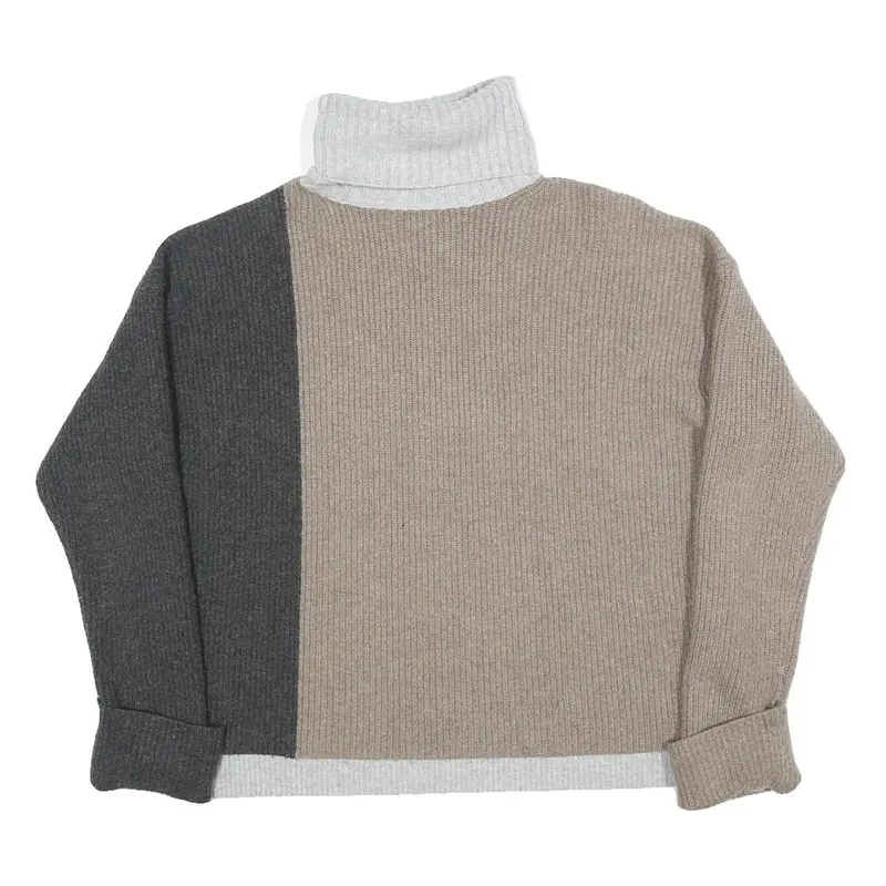 French Connection Womens Beige & Grey Colourblock Plain Turtle Neck Jumper Wool 1