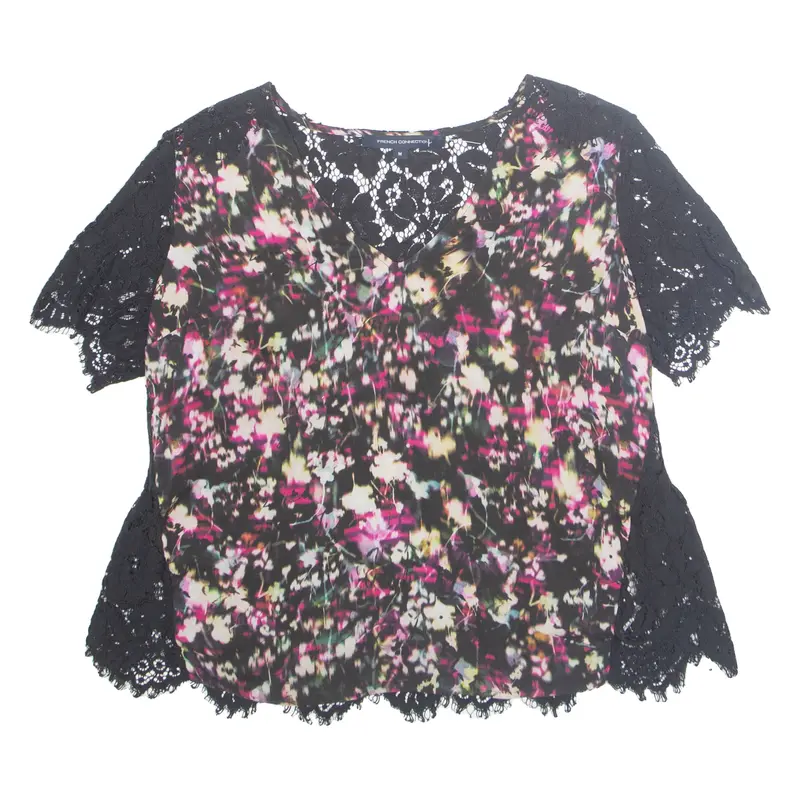 French Connection Womens Printed Top Black V-Neck Floral M 1