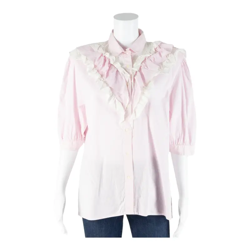 Frill Womens Shirt Blouse Pink Collared 3/4 Sleeve Striped L 1