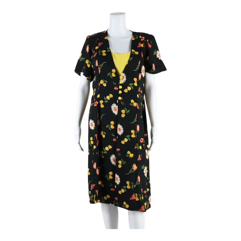 Fruit Womens A-Line Dress Black Floral Short Sleeve Long M 1