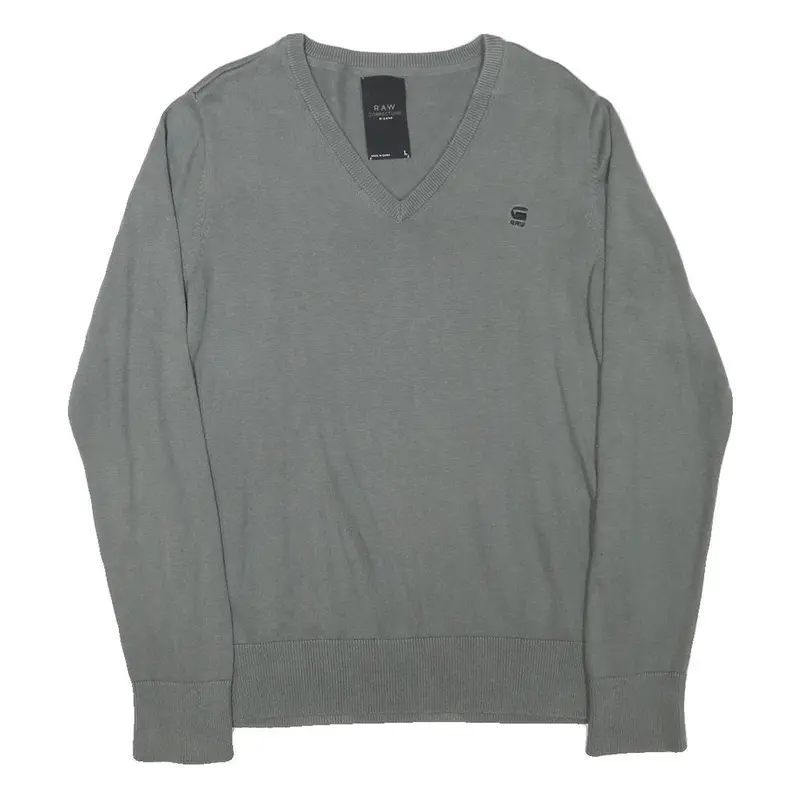 G-Star Mens Grey Plain V-Neck Basic Knit L Cotton Blend Jumper Casual Essential 1
