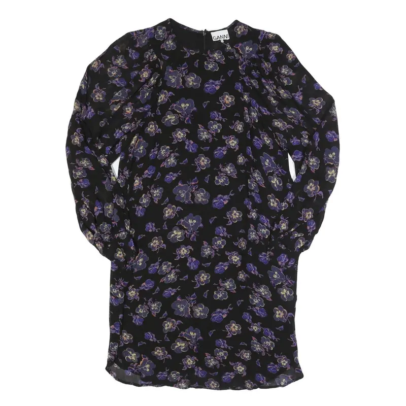 Ganni Womens Black Purple Floral Day Viscose Dress Long Sleeve Midi L 1