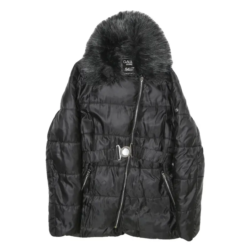 Gaudi Jeans Womens Black Puffer Jacket M Polyamide Quilted Zip Belted Faux Fur 1