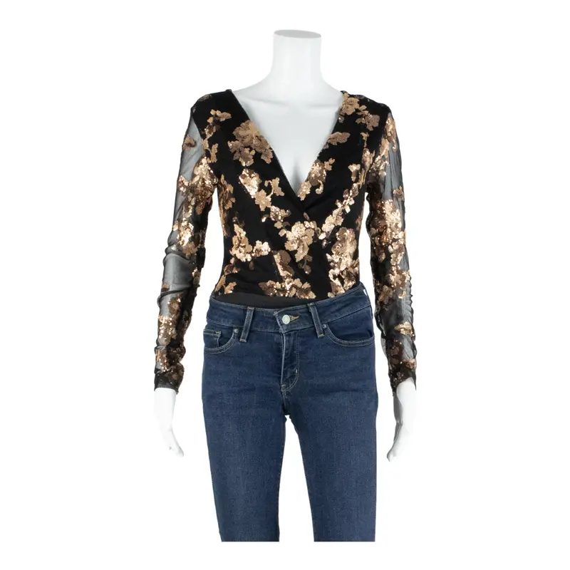 Girl In Mind Sequins Womens Bodysuit Black V-Neck Long Sleeve Uk 8 1
