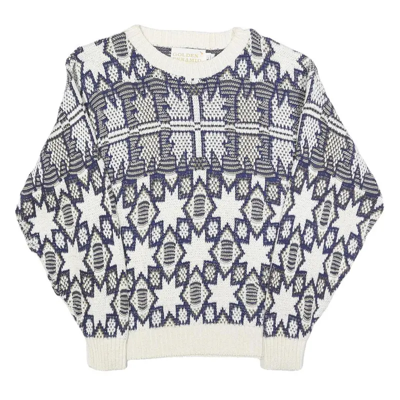 Golden Pyramid Womens White & Navy Patterned Cotton Jumper Crew Neck Regular L 1