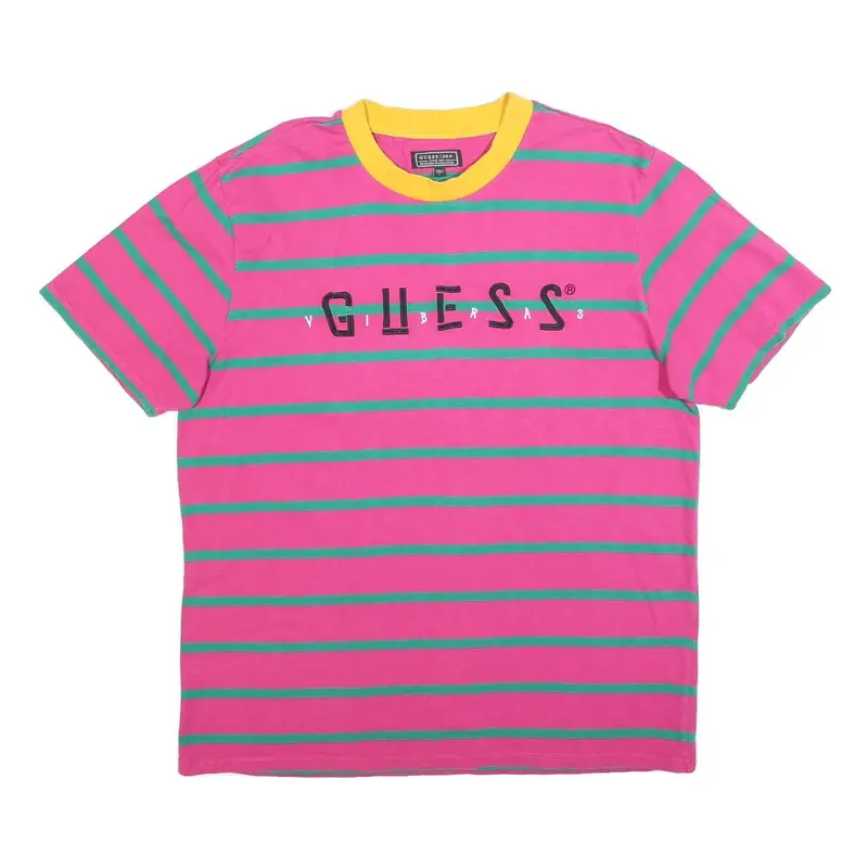 Guess Mens Pink & Green Striped Graphic T-Shirt L Crew Neck Short Sleeve Cotton 1