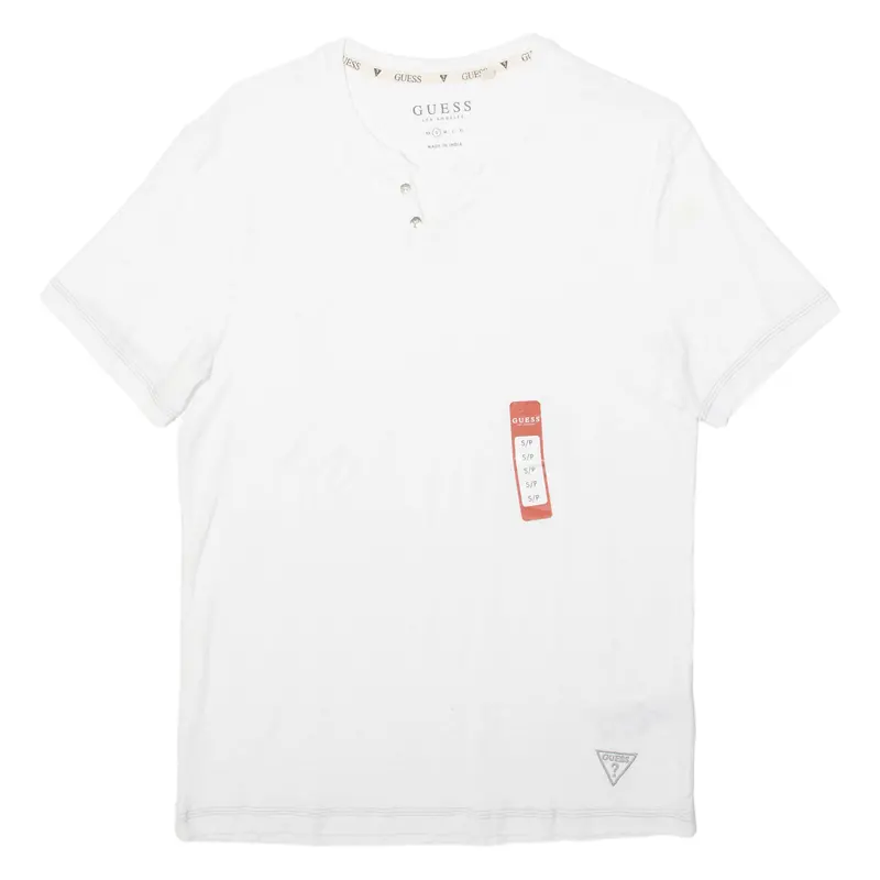 Guess Mens T-Shirt White Button Neck S 1