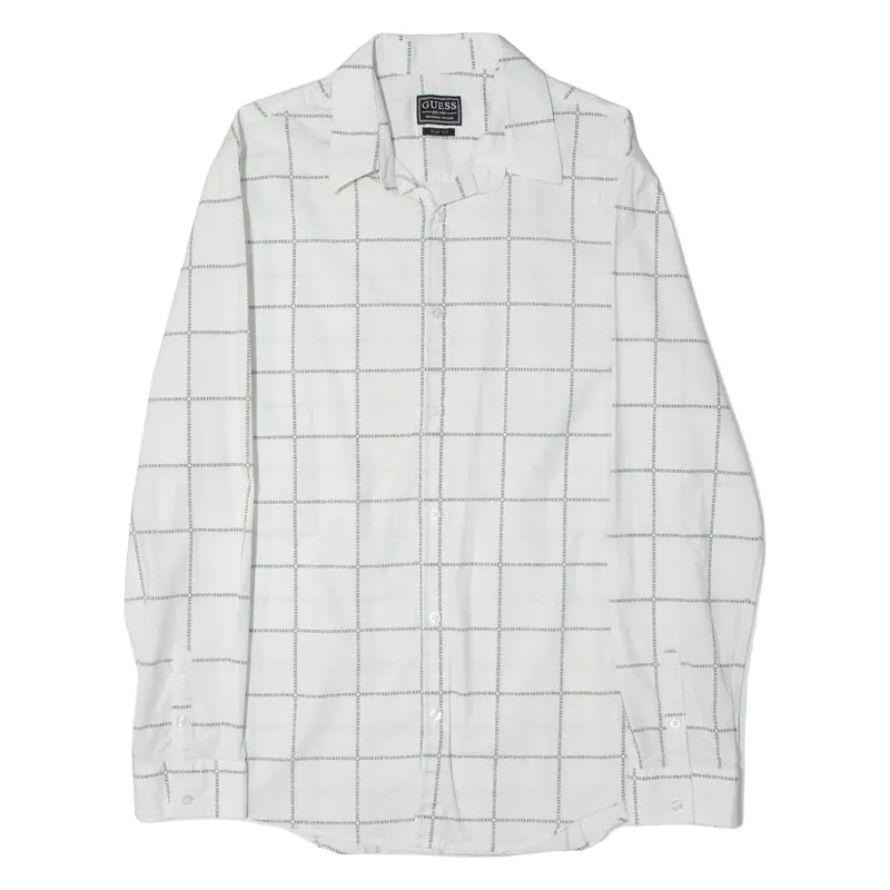 Guess Slim Fit All Over Print Mens Shirt White Check Long Sleeve Xl 1