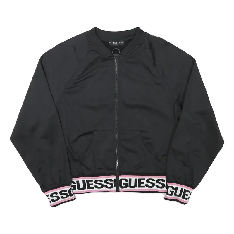 Guess Womens Black Jacket M Polyester Blend Zip Plain Logo Banded Sleeve 1