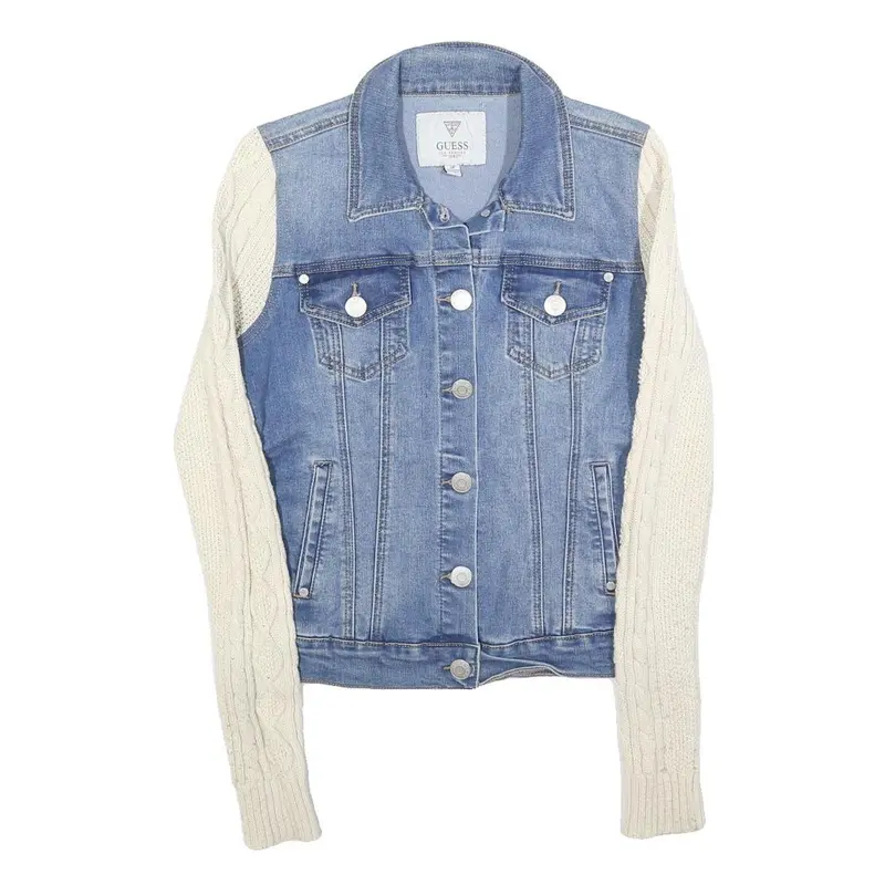 Guess Womens Blue & Cream Denim Jacket S Cotton Cable Knit Sleeves Button 1