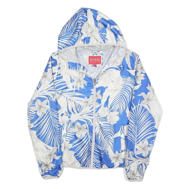 Guess Womens Blue & White Printed Zip Jacket S Polyester Lightweight Hooded 1
