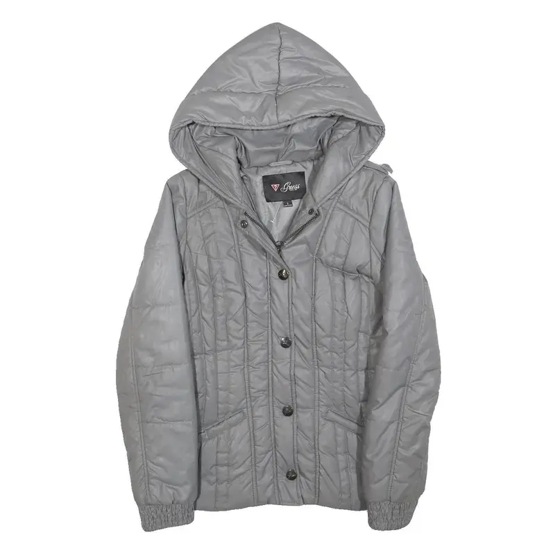 Guess Womens Grey Hooded Quilted Jacket S Polyester Blend Zip Casual Outerwear 1