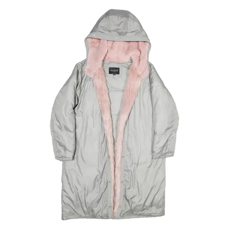 Guess Womens Grey & Pink Faux Fur Hooded Polyester Blend Long Sleeve Jacket Xs 1