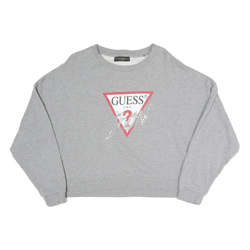Guess Womens Grey Sweatshirt S Crew Neck Logo Cropped Pullover Cotton Blend 1