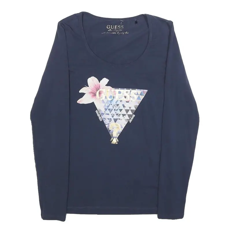 Guess Womens Navy Blue Graphic T-Shirt M Long Sleeve Scoop Neck Elegant Design 1