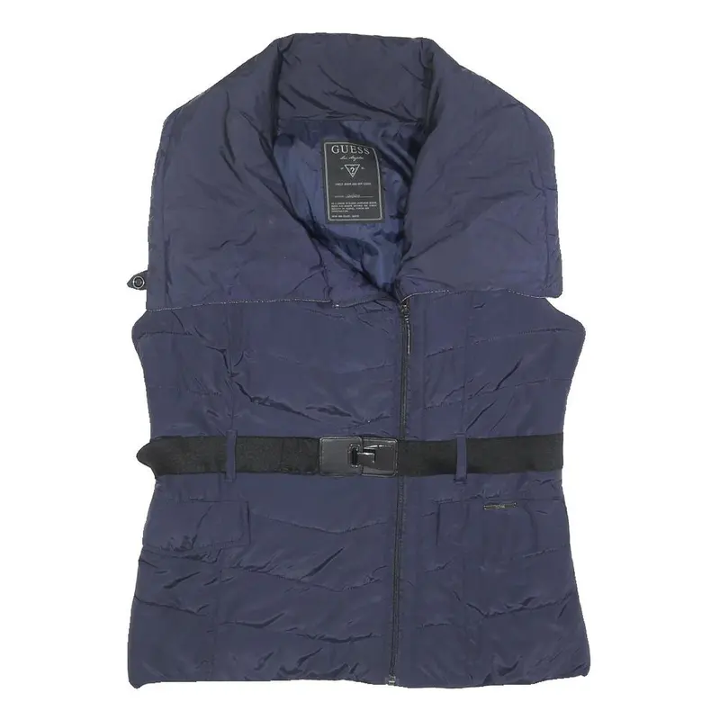 Guess Womens Navy Blue Jacket M Polyester Quilted Belted Zip Casual Outerwear 1
