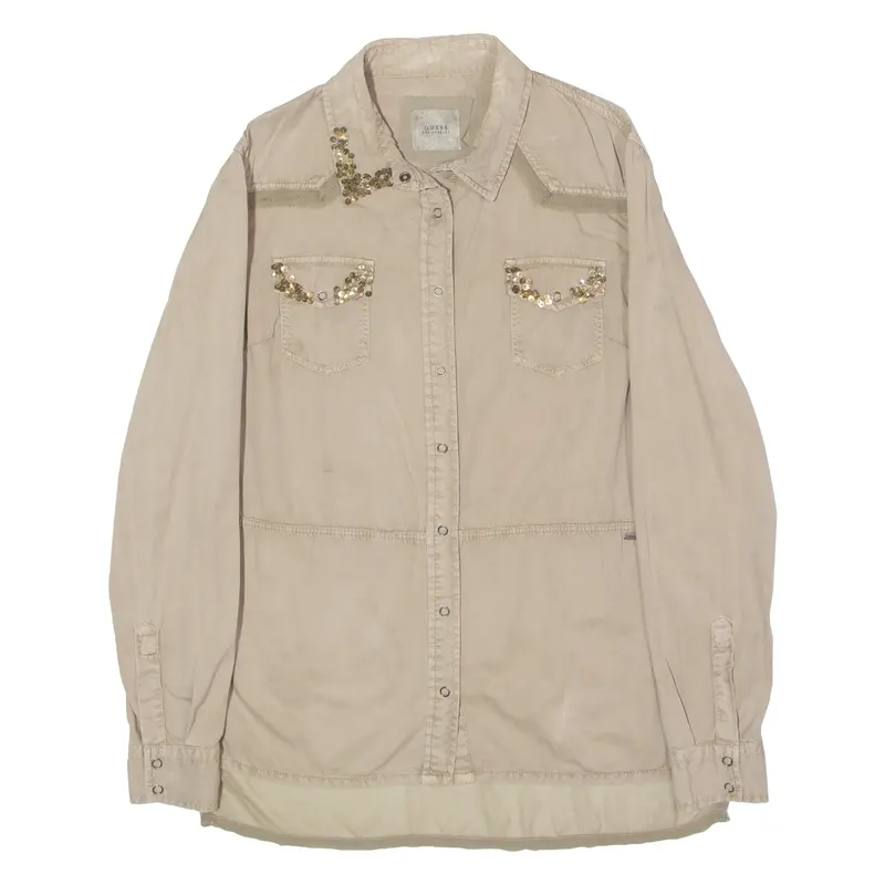 Guess Womens Plain Shirt Beige Long Sleeve L 1