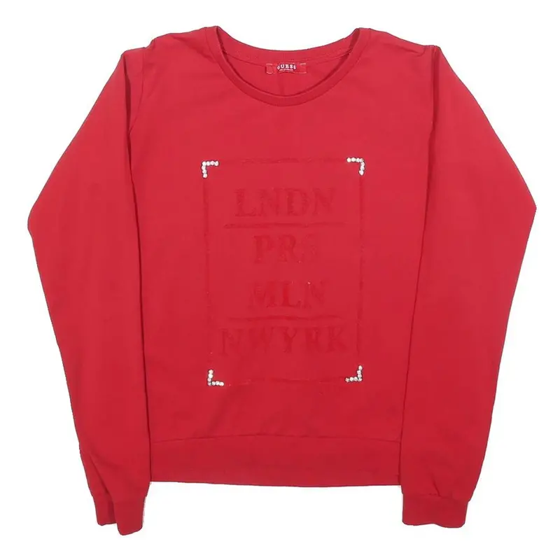 Guess Womens Red Sweatshirt Crew Neck S Lndn Pr Mln Nwyrk Pullover Cotton 1