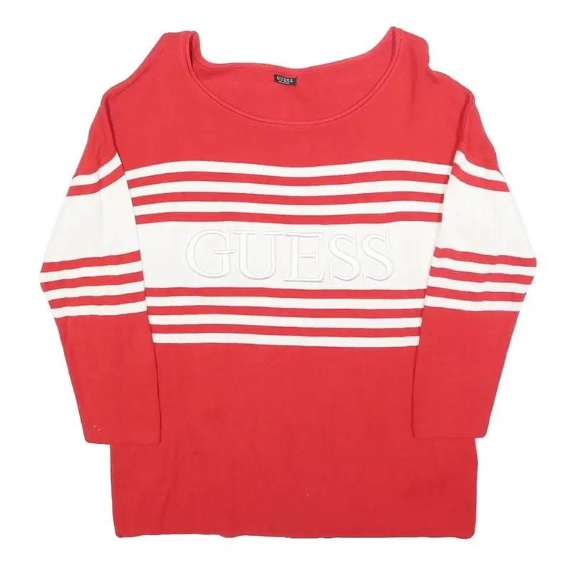Guess Womens Red & White Patterned Jumper Crew Neck Basic Knit S Casual Chic 1
