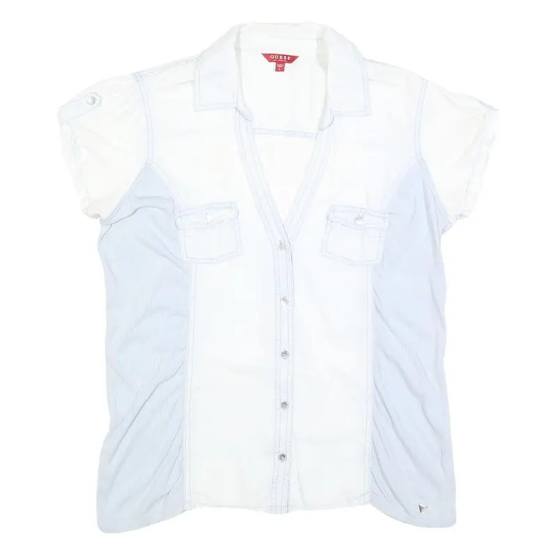 Guess Womens White & Light Blue Shirt L Cotton Blend Summer Casual 1
