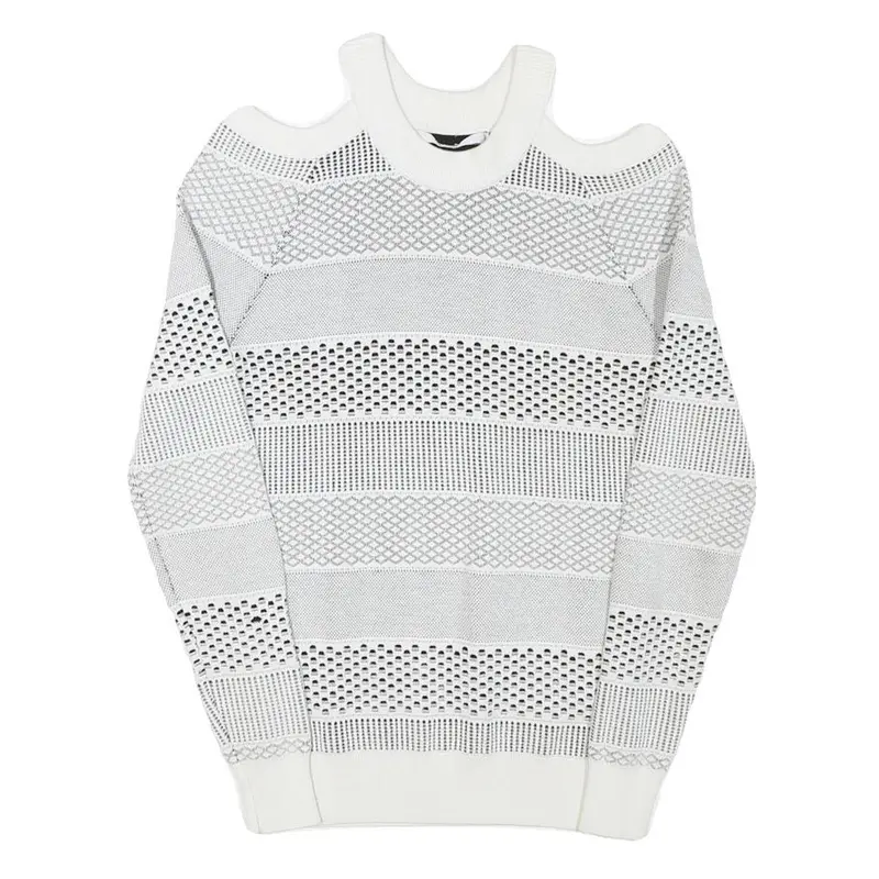 Guess Womens White Patterned Jumper Cold Shoulder Round Neck Chunky Knit Xs 1