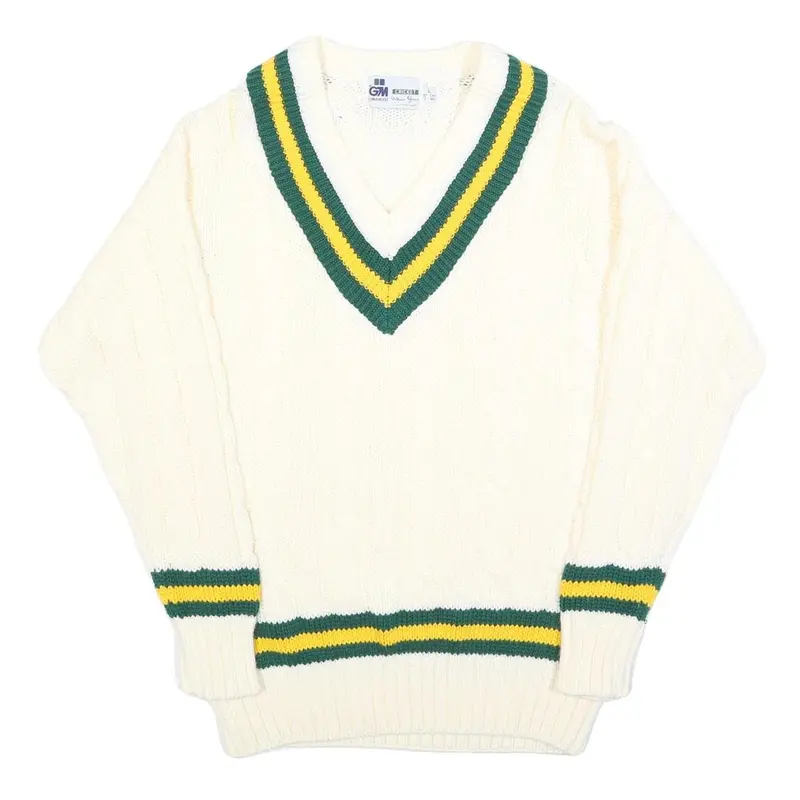 Gunn & Moore Mens Cream Green & Yellow Classic Jumper V-Neck Cable Knit L 1