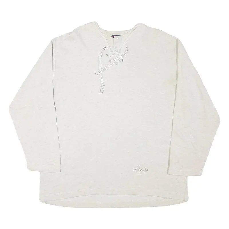 Gymnasium Mens Cream Cotton Blend Lace Up Neck L Sweatshirt Pullover Casual 1