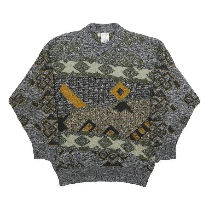 H. Al-Jabi Mens Grey Patterned Jumper Crew Neck Basic Knit S Vintage Style 1