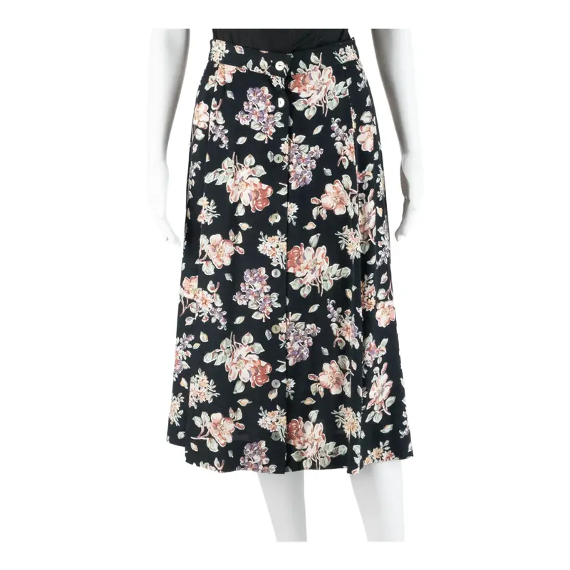 H.Apparel Co. High Waist Womens A-Line Skirt Black Midi Floral M 1