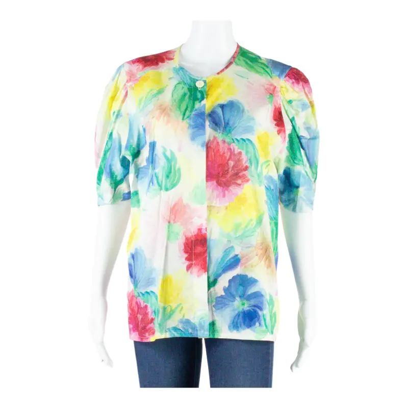 Hammerle Womens Shirt Blouse Blue Puff Sleeve Floral M 1