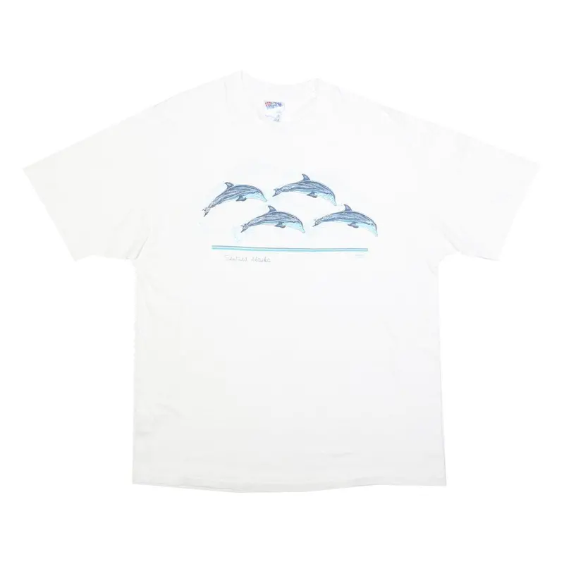 Hanes Single Stitch Mens White Dolphin Graphic T-Shirt Xl Short Sleeve Crew Neck 1