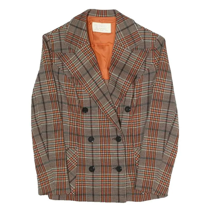Hanro Womens Brown & Orange Checked Blazer Jacket S Polyester Blend Button 1