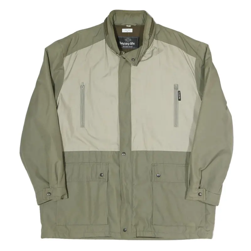 Happy Life Mens Beige & Green Casual Jacket Xl Polyester Blend Zip Coat 1